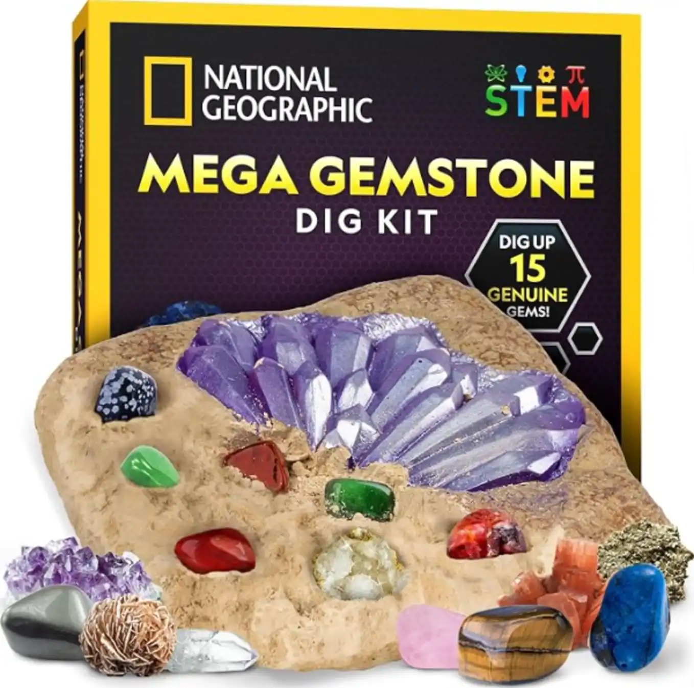 NATIONAL GEOGRAPHIC Mega Gemstone Dig Kit – Dig Up 15 Real Gemstones and Crystals, Science Kit for Kids, Gem Digging Kit, Gift for Girls and Boys, Mining Kit, Rock Collection