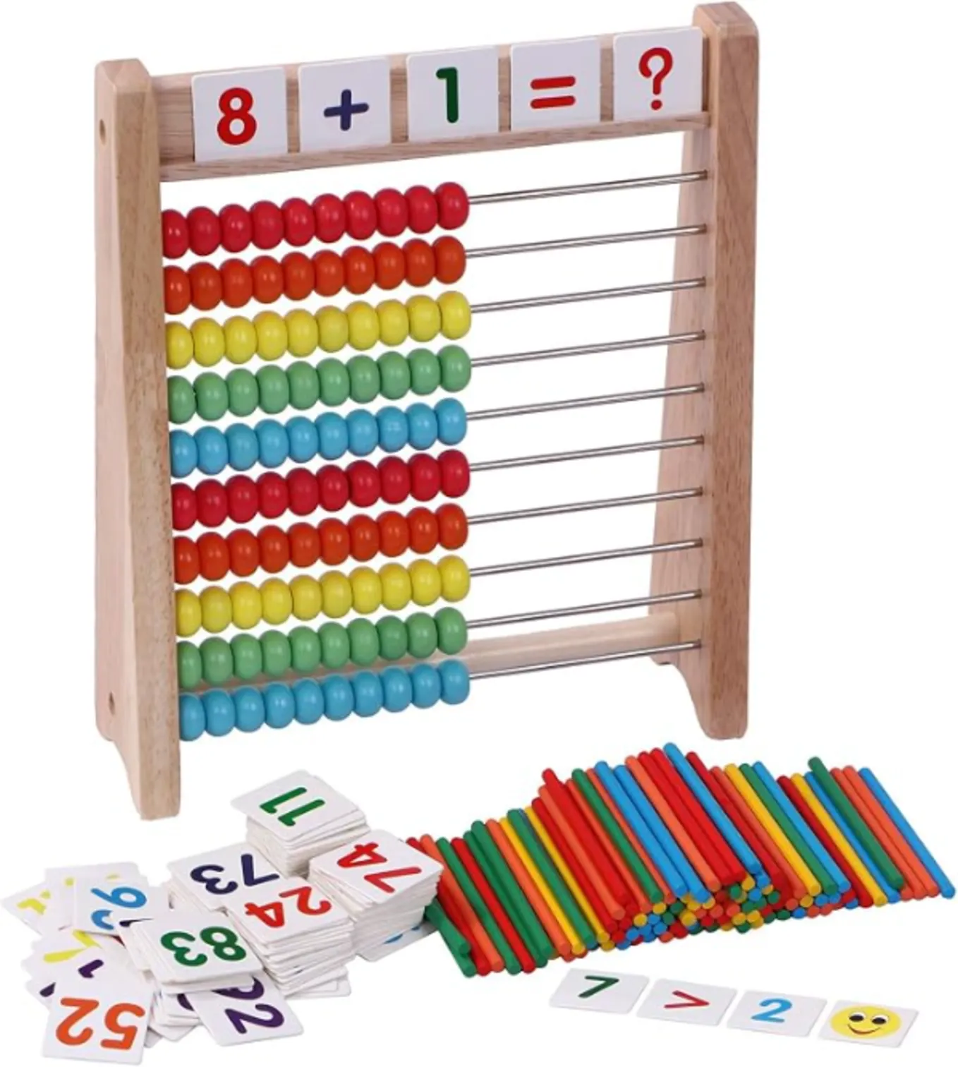 Wooden Abacus for Kids Math with 100 Beads, Counting Sticks & Number Cards