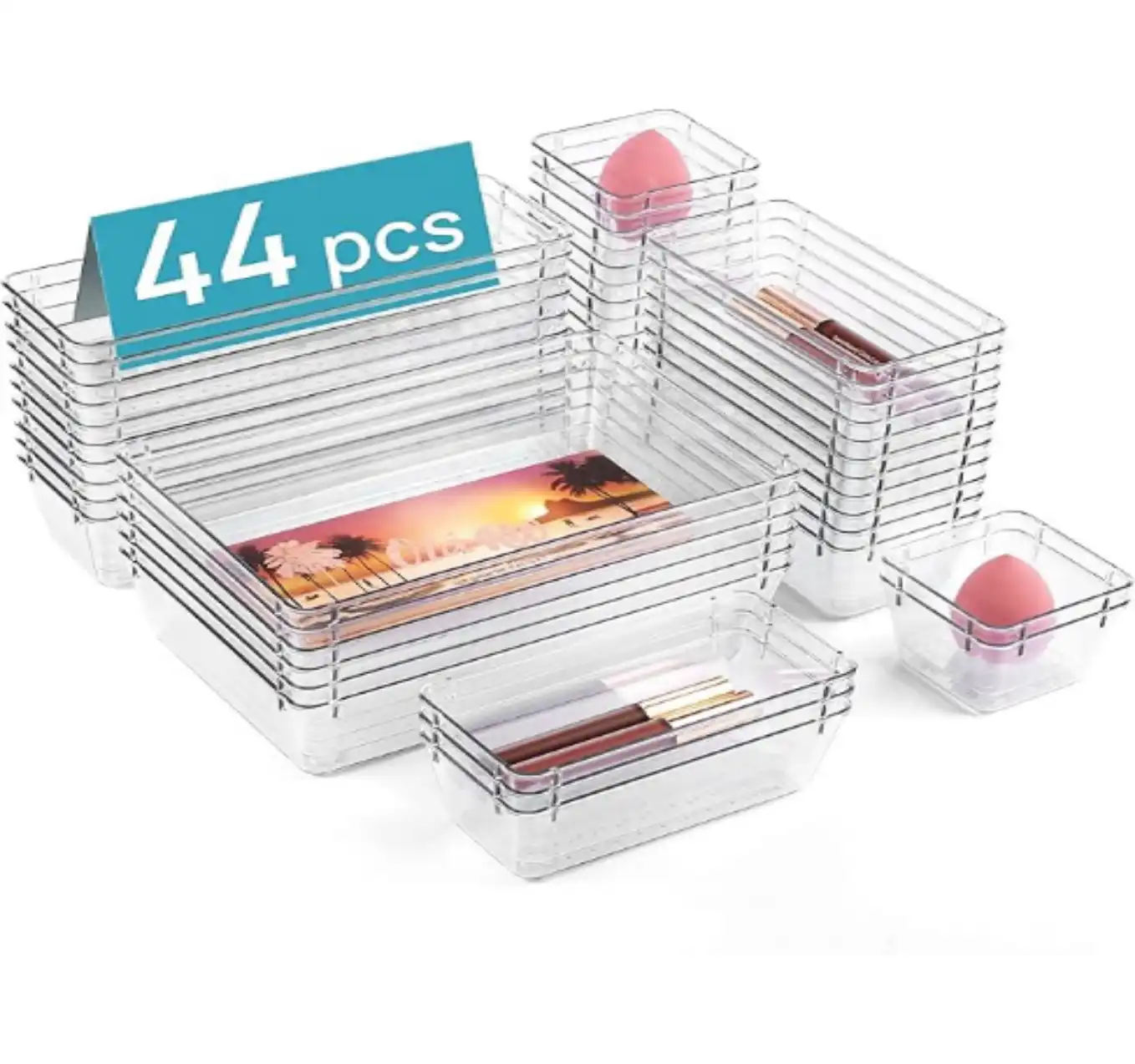 Vtopmart 44 PCS Clear Plastic Drawer Organizers Set Vanity Storage Trays