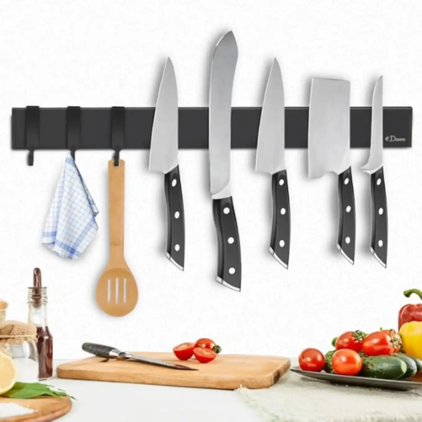 Dmore 16 Inch Magnetic Knife Holder for Wall with Hooks Black Strip