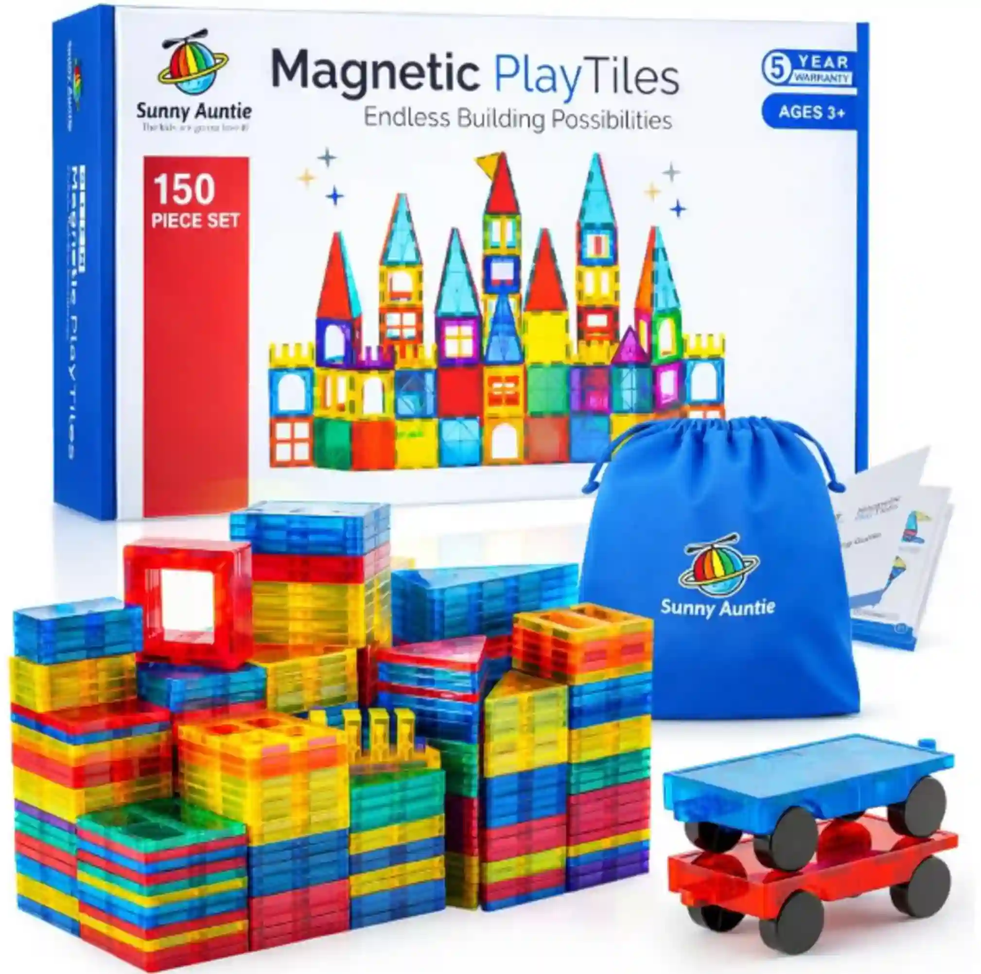 SUNNY AUNTIE Magnetic Tiles STEM Toys Building Set 150 Pieces with Cars