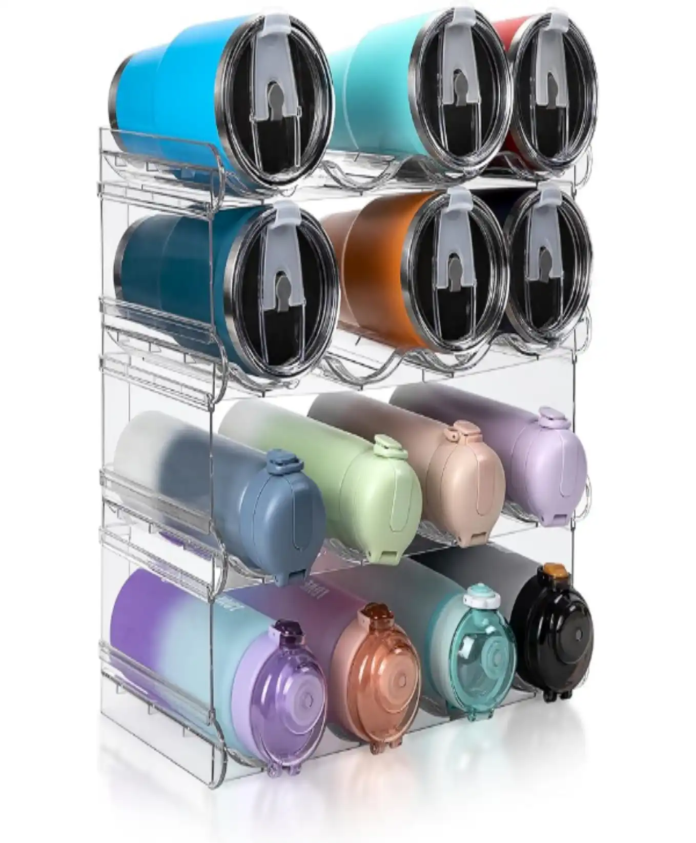 spospo Water Bottle Organizer 4 Tier Large Compartment Clear Plastic Storage Rack