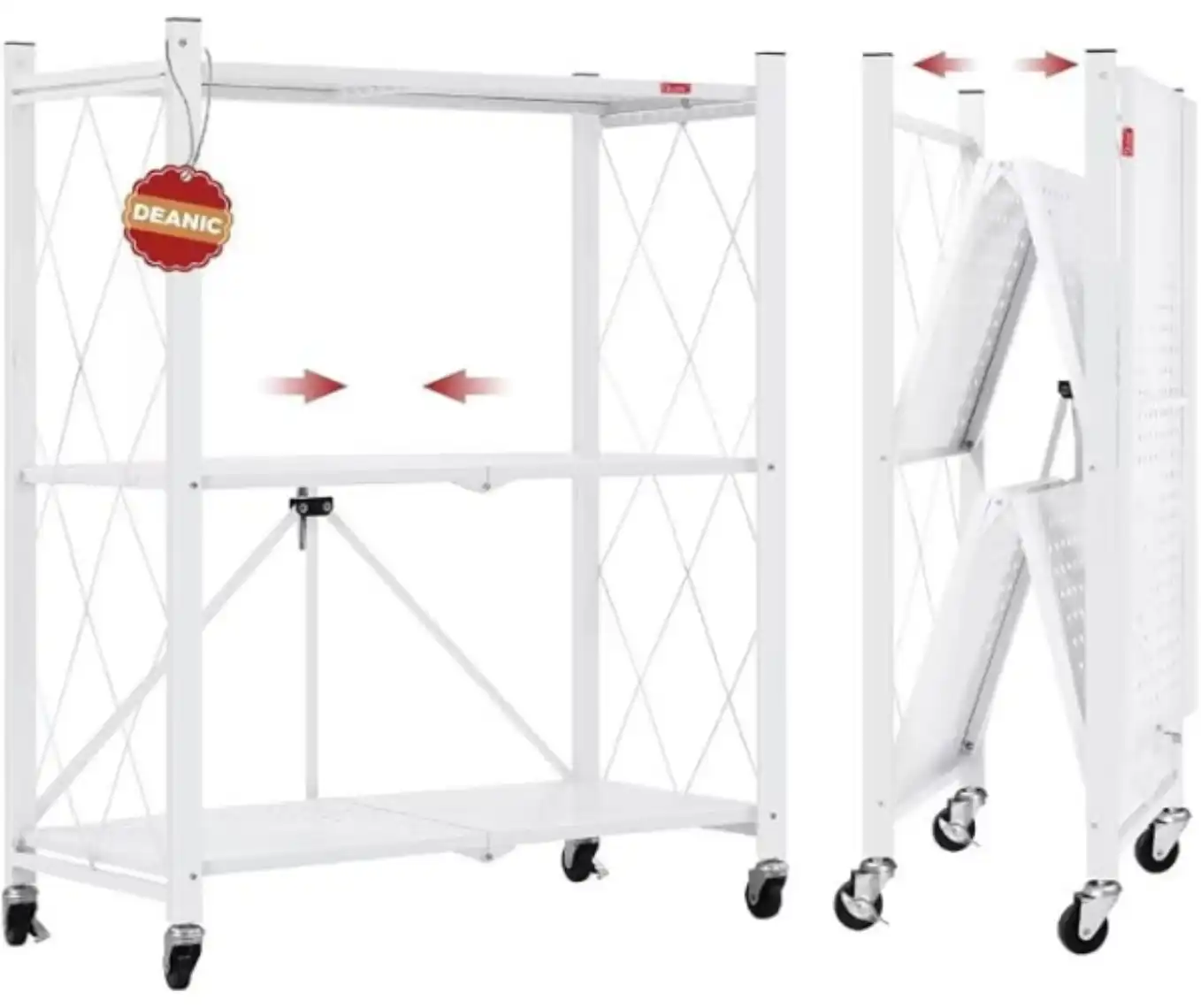 DEANIC 3 Tier Foldable Storage Shelves with Wheels Freestanding Metal Wire Rack