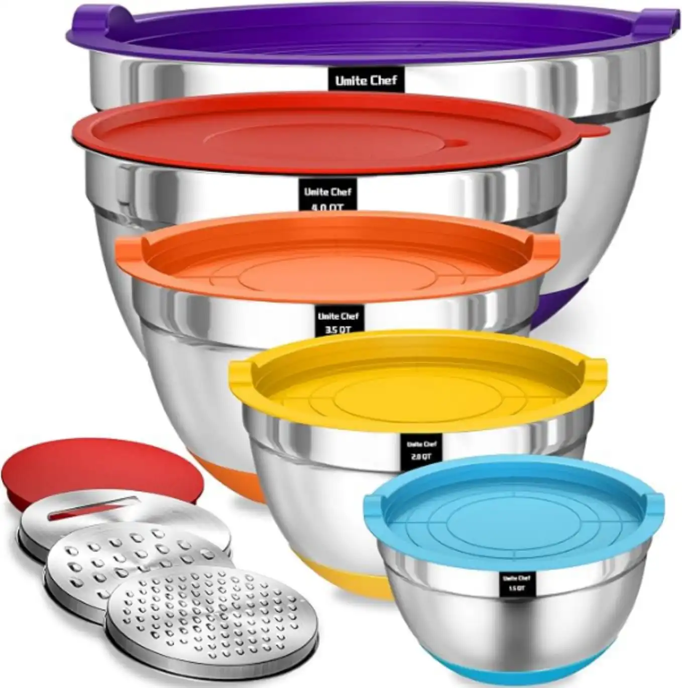 Umite Chef Stainless Steel Mixing Bowls Set with Lids and Grater Attachments