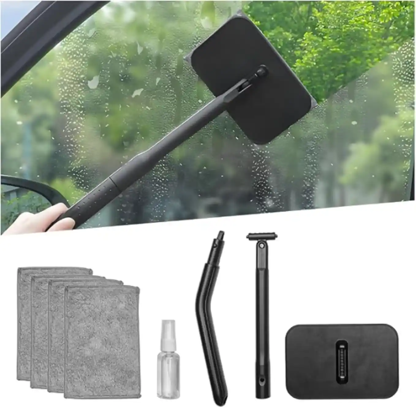 Zpana Car Windshield Cleaning Tool, Vehicle Window Cleaner with Extendable Handle & 4 Washable Microfiber Pads, Automotive Glass Wiper Windscreen Wash Kit, Universal for Vehicles