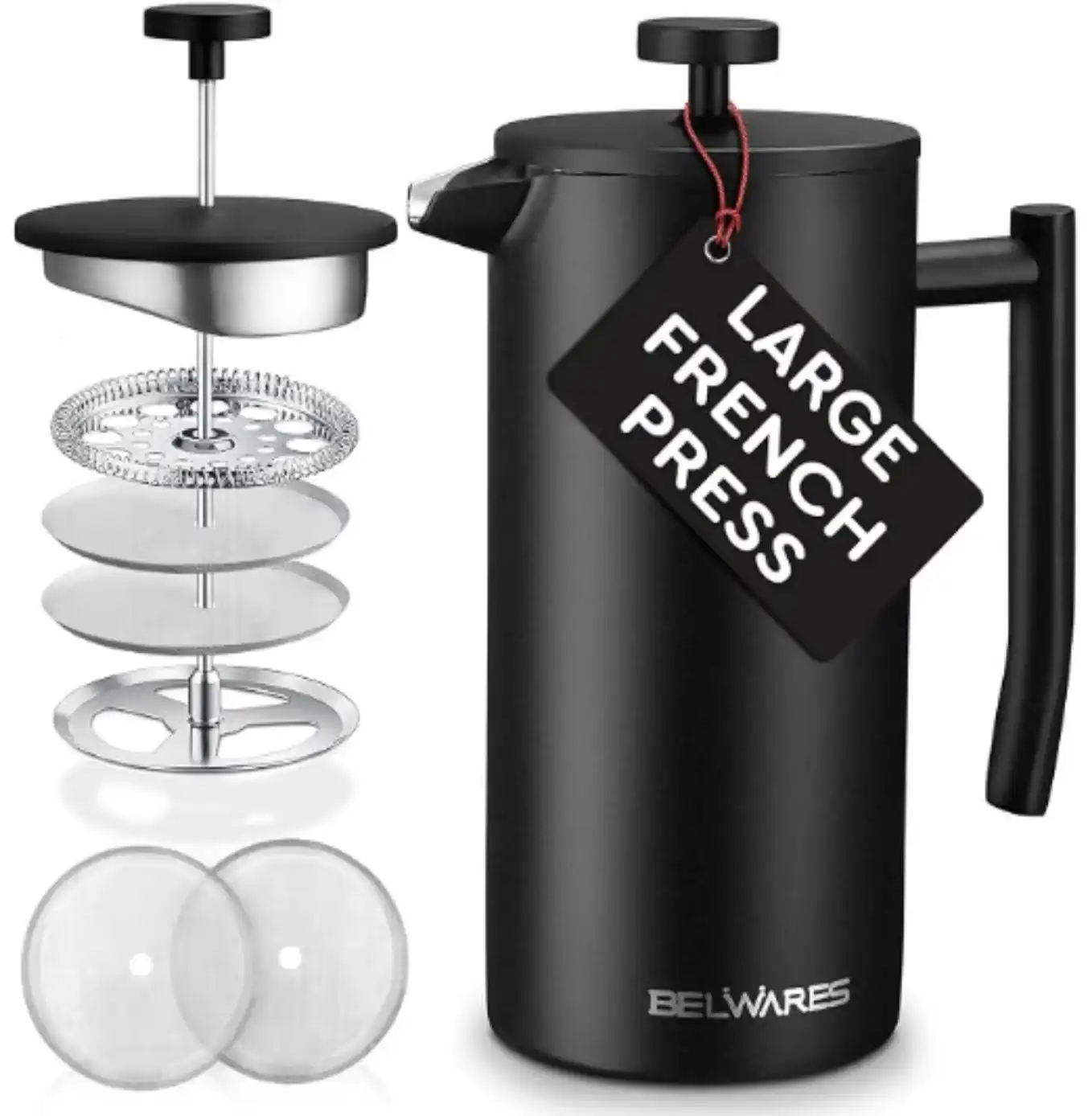Large Insulated French Press Coffee Maker Matte Black Stainless Steel 50oz Double Wall Heat Retention