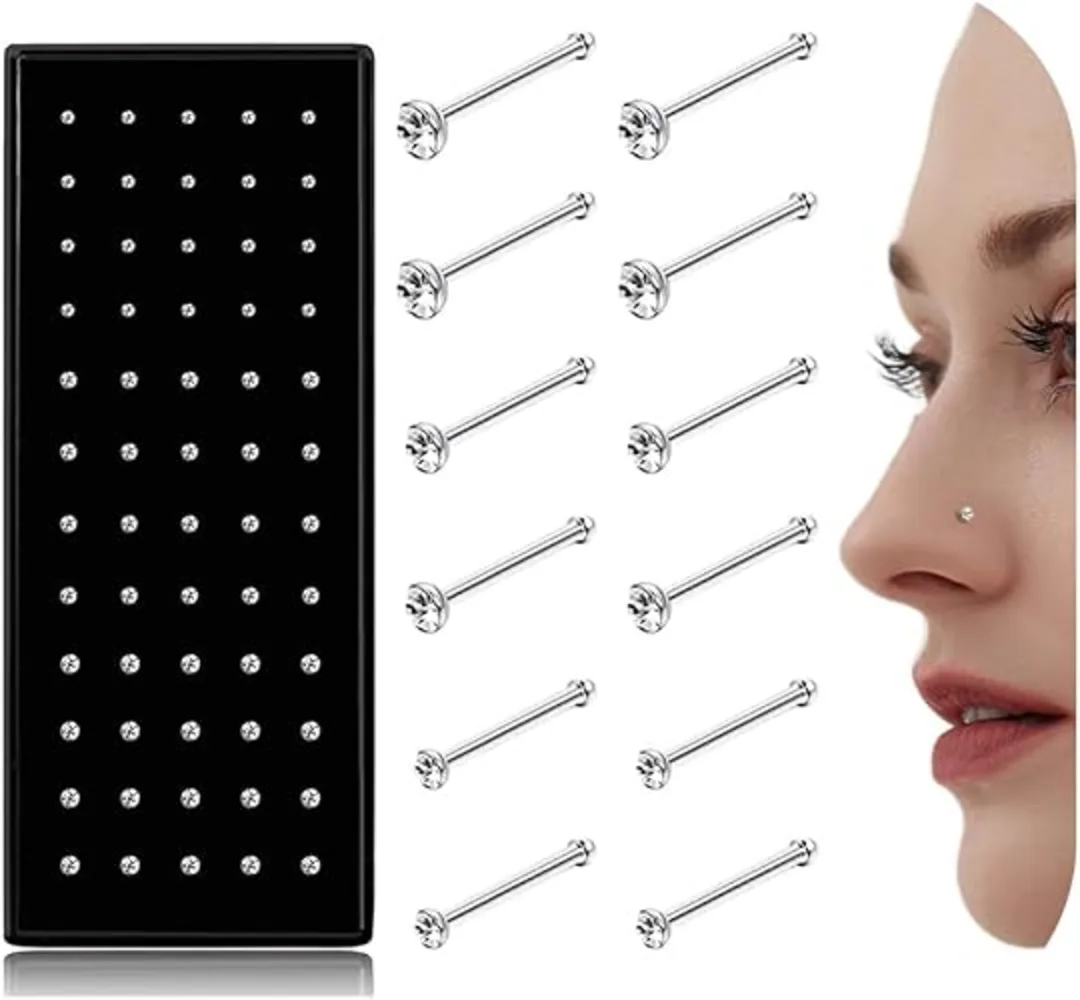 THUNARAZ Straight L Shaped Nose Studs 60Pcs Stainless Steel CZ Set