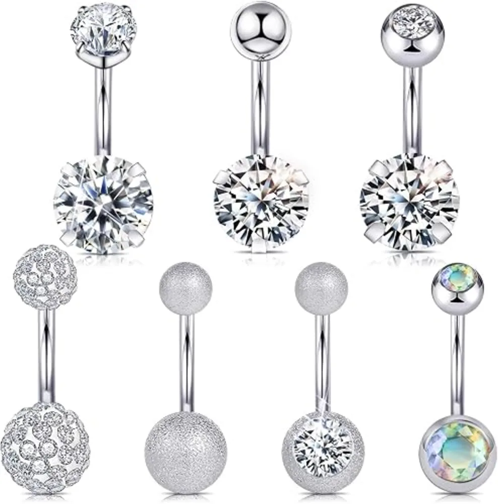 Wssxc 14G Hypoallergenic Surgical Steel Belly Button Ring CZ Set 7Pcs