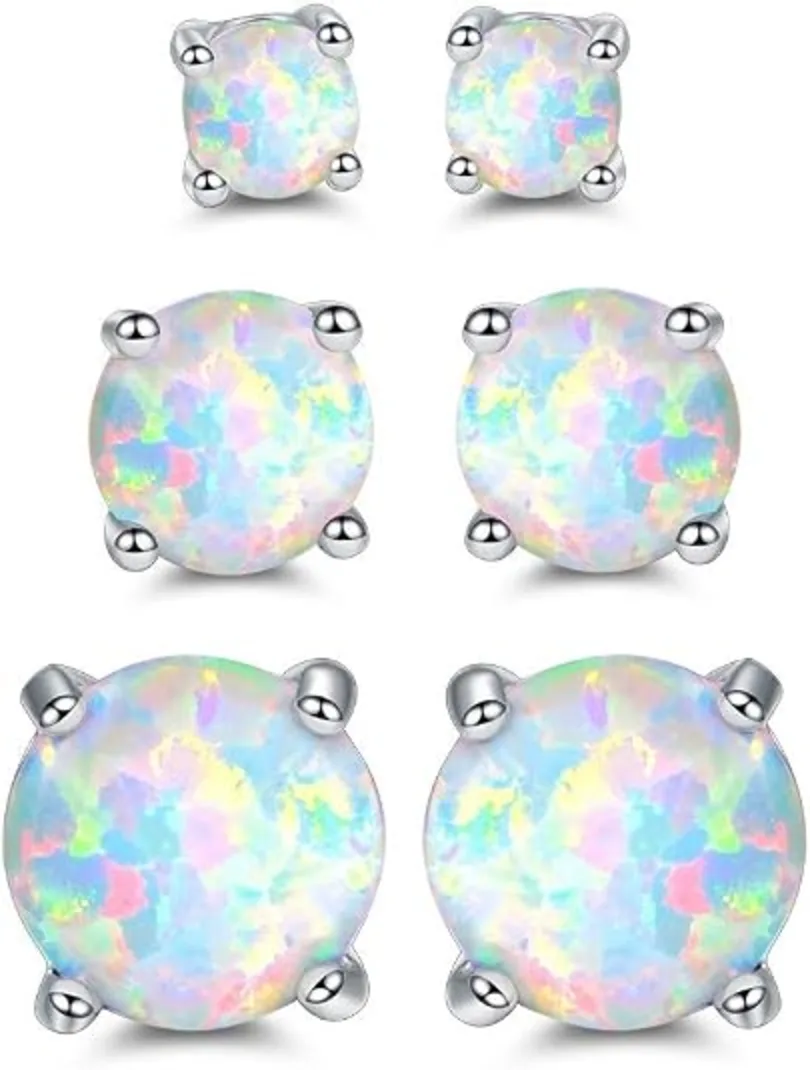 Barzel 18K White Gold Plated Created Opal Stud Earrings 3 Pack Set October Birthstone Jewelry