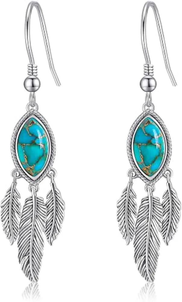AVECON 2CT Marquise Turquoise Dangle Earrings for Women Feather Jewelry 925 Sterling Silver Western Boho Hook Earrings