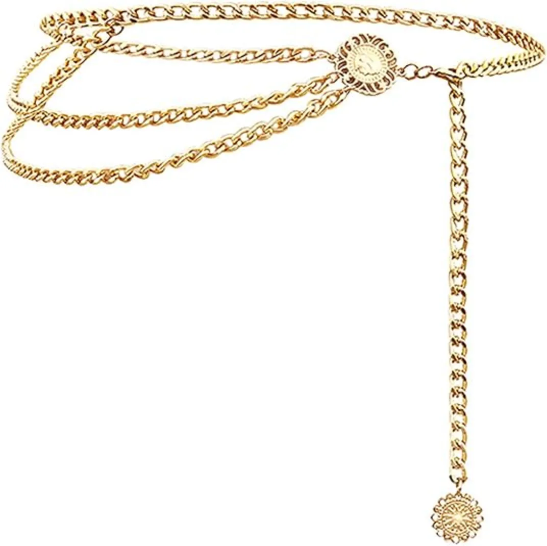 Glamorstar Multilayer Metal Waist Chain Dress Belts Metal Belt for Women Trendy Coin Pendant Body Jewelry