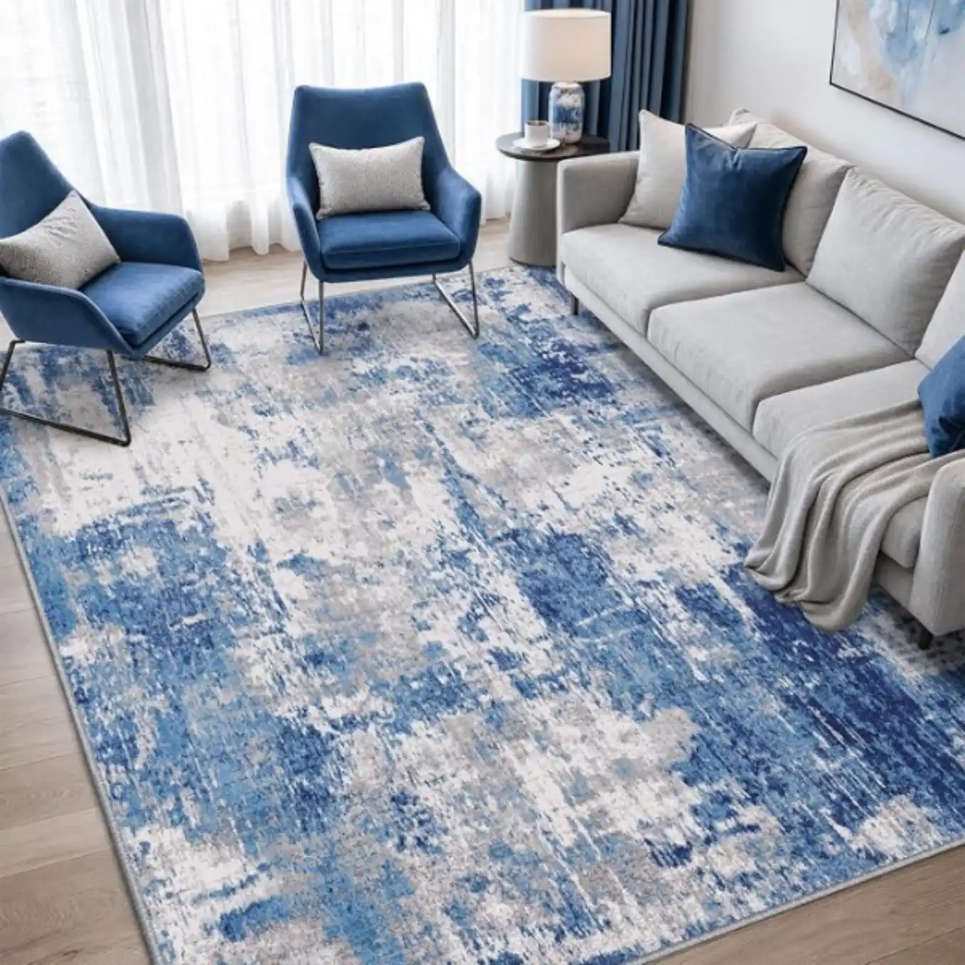 RELEANY Washable 5x7 Abstract Area Rug for Living Room Blue Gray