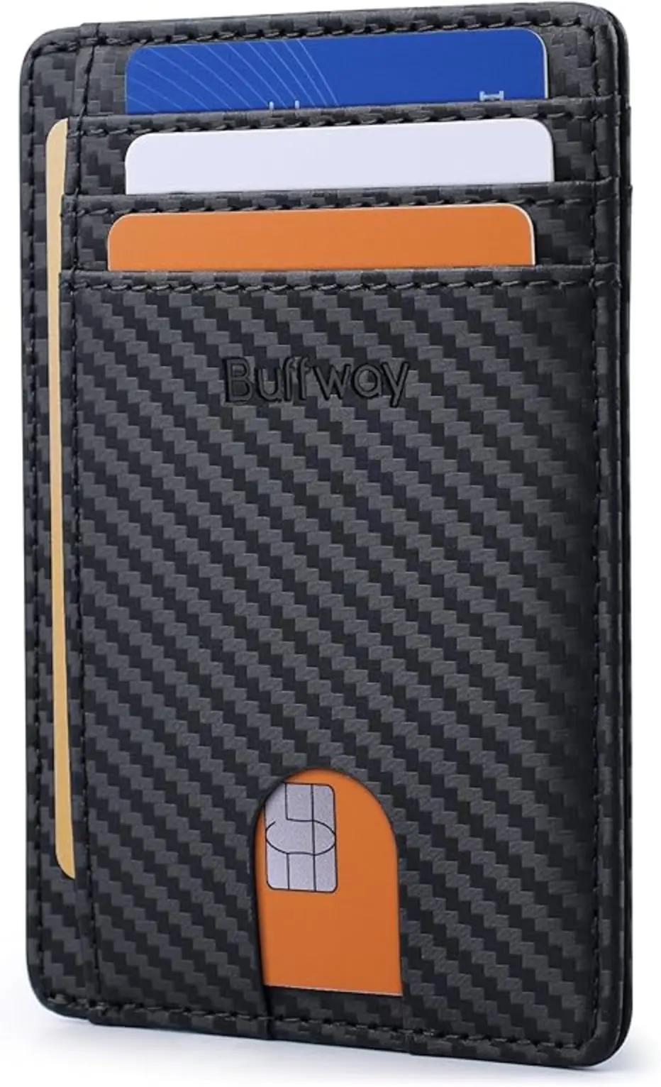Buffway Slim Minimalist Front Pocket RFID Blocking Leather Wallet for Men and Women Carbon Fiber Black