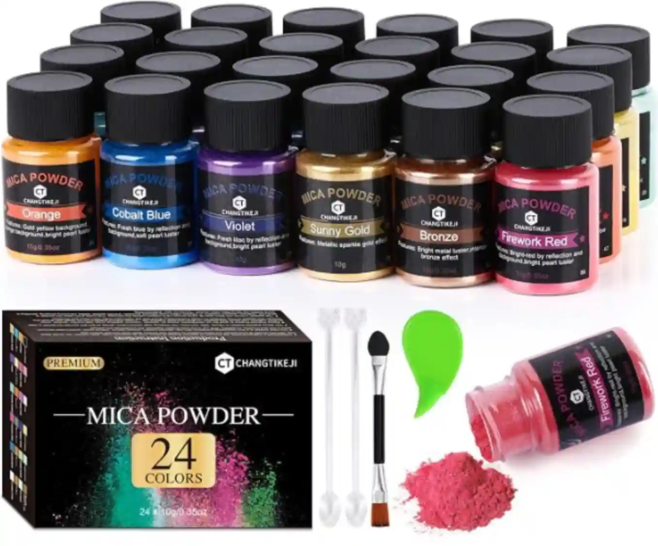 CHANGTIKEJI Mica Powder 24 Colors 10g Bottle Natural Pigment Powder for Epoxy Resin and Soap Making