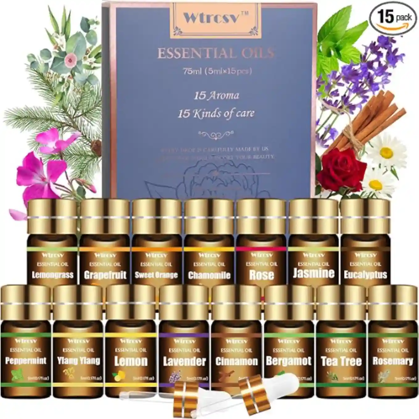 Wtrcsv Essential Oils Set Top 15 Scents for Aromatherapy and Diffuser
