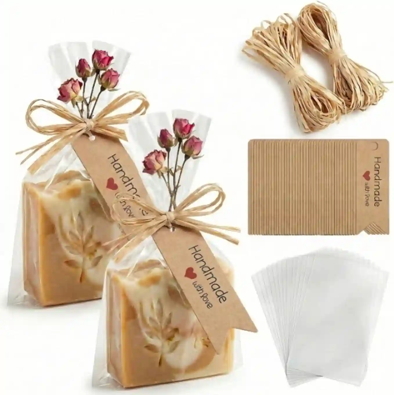 TIKMAX Clear Cellophane Bags 4.7x7 Inch with Raffia Rope and Handmade with Love Tags