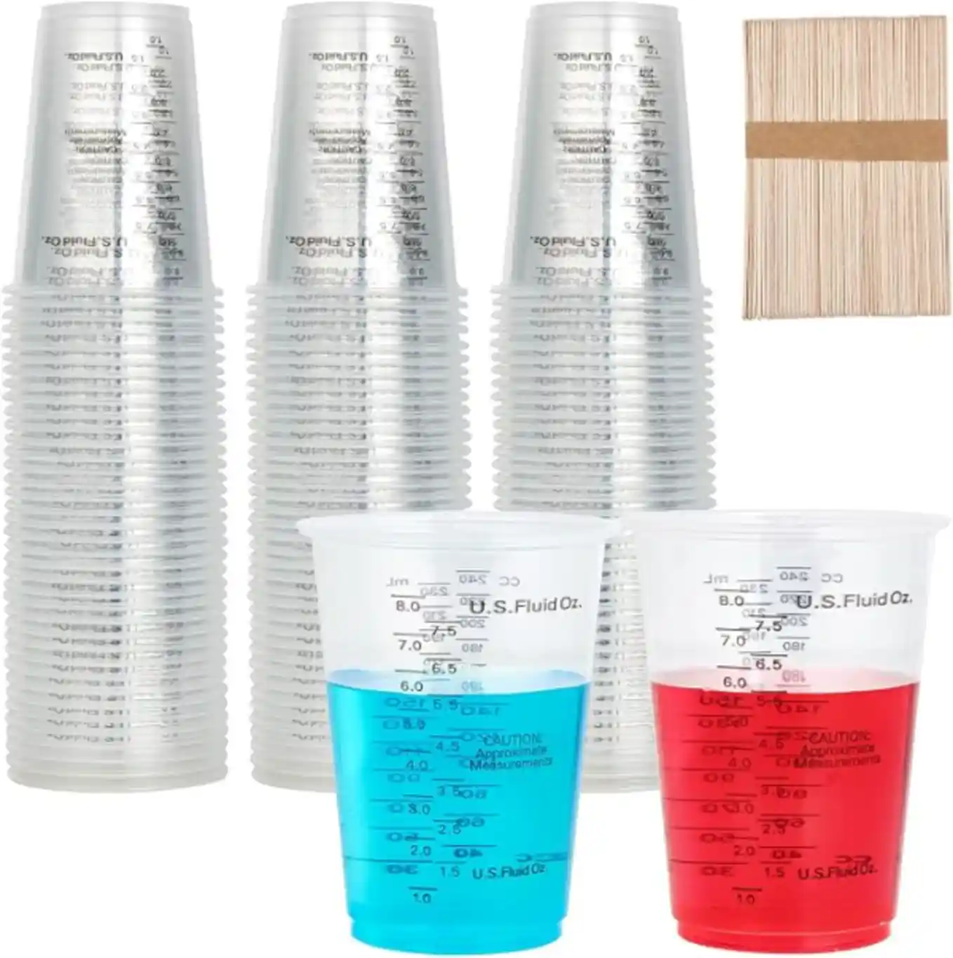Lilymicky 100 Pack 10 oz Plastic Measuring Cups with 100 Wooden Mixing Sticks