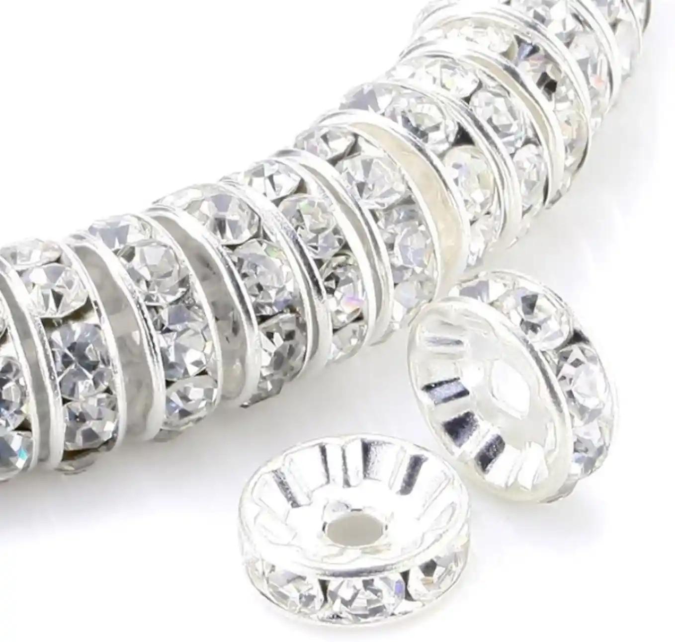 Allb 100Pcs Rondelle Spacer Beads Silver Plated Czech Crystal Rhinestone for Jewelry Making
