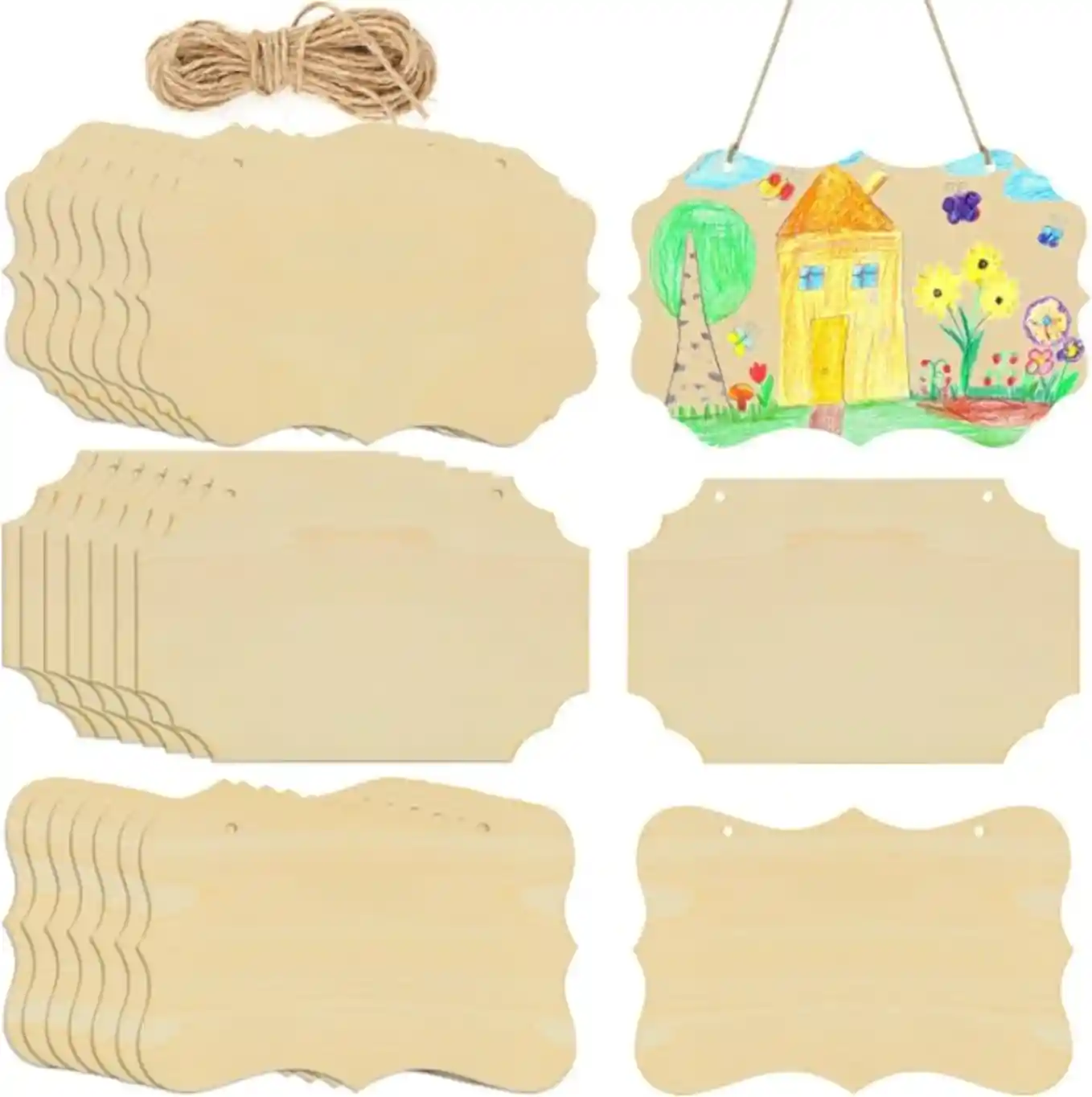 RYKOMO 24 Pieces Unfinished Hanging Wood Sign Blank with Ropes