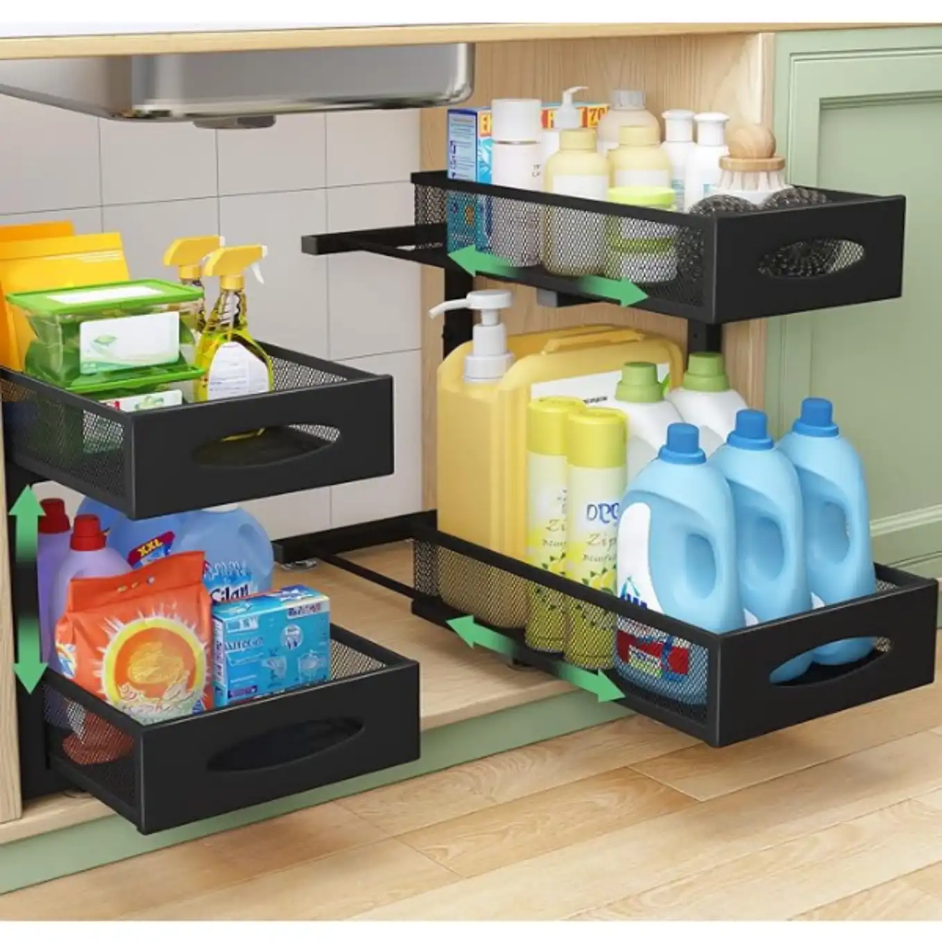 Kitstorack Under Sink Organizer 2 Tier Height Adjustable Pull Out Storage Baskets