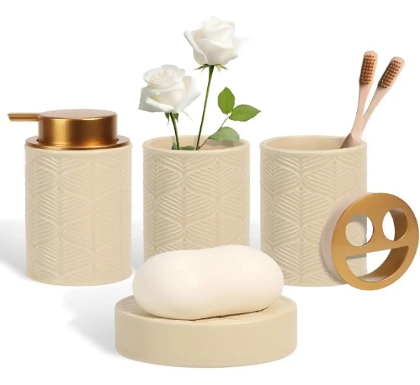 Kukikan Ceramic Bathroom Accessories Set 4 Pcs Modern Beige Organizer