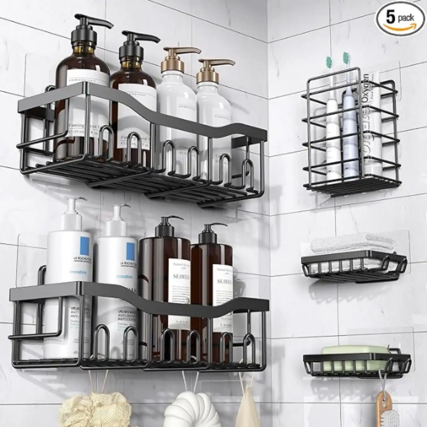 EUDELE Adhesive Shower Caddy 5 Pack Rustproof Stainless Steel Bathroom Storage Organizer