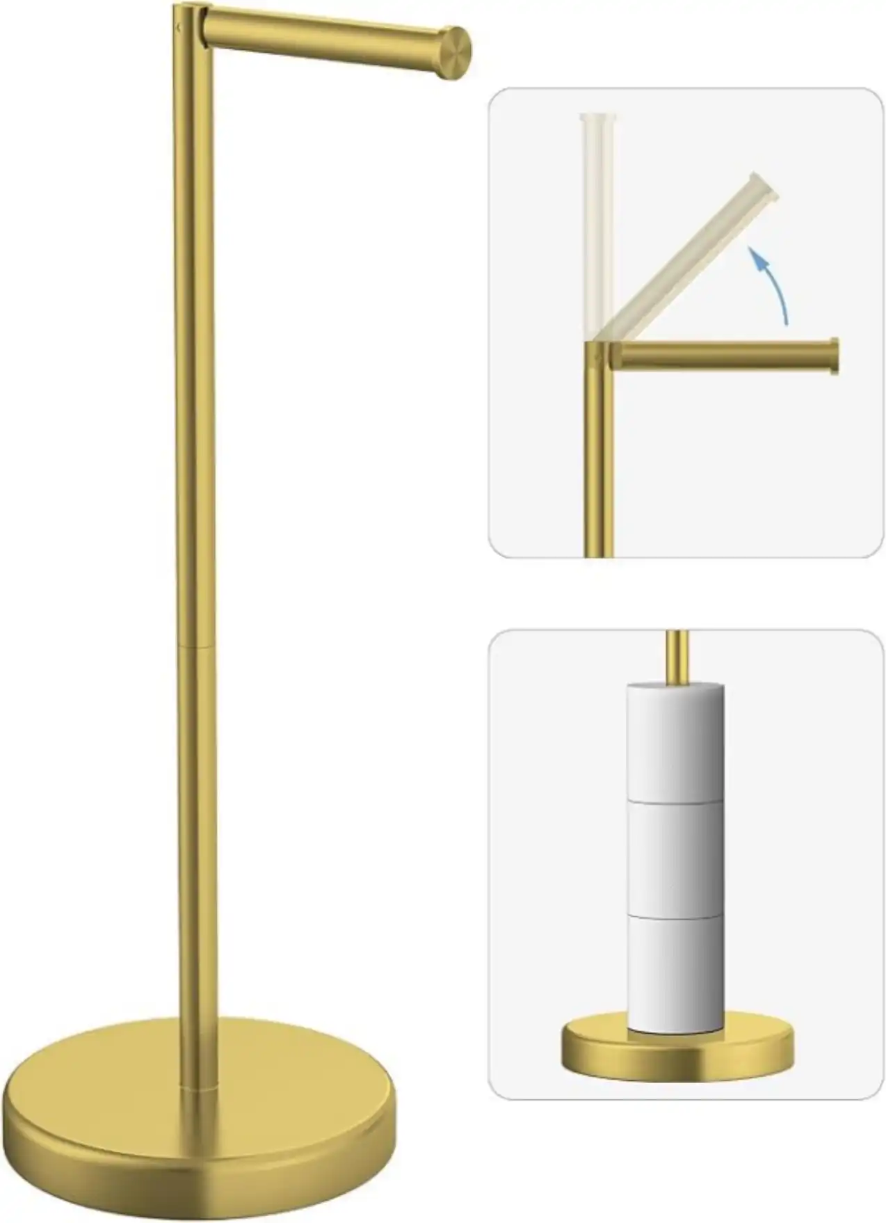 Evolvegoods Brushed Gold Freestanding 304 Stainless Steel Toilet Paper Holder Stand with Reserve Storage