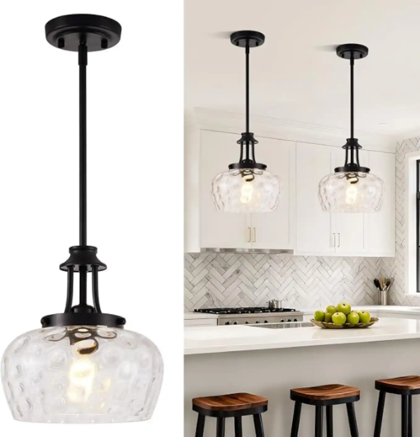 UnicozoHome Modern Matte Black Pendant Light with 10 Inch Clear Hammered Glass Shade
