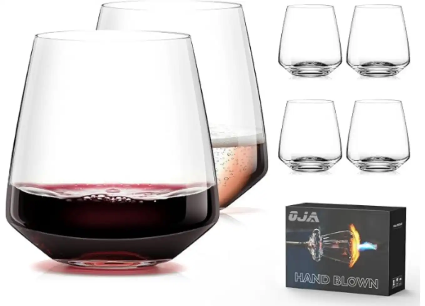 OJA Stemless Crystal Wine Glasses Set of 6 13.5 oz