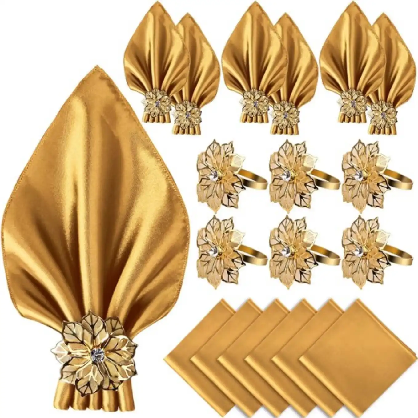 VIJIV 12 Pack Satin Cloth Napkins and Gold Flower Napkin Rings Set of 6 Table Decor