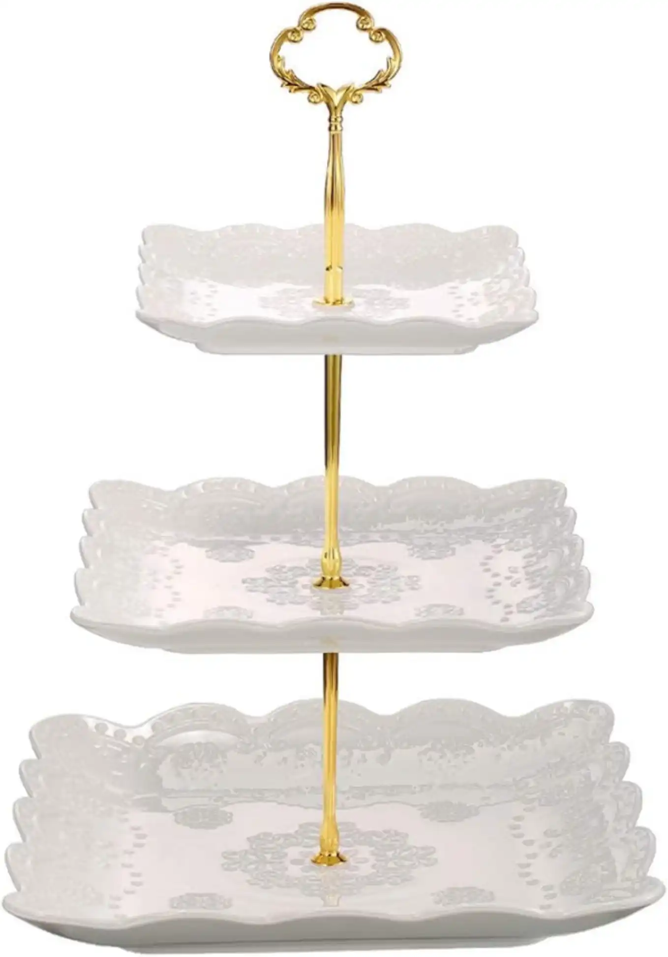 Sumerflos 3 Tier Porcelain Cupcake Stand Square White Embossed Dessert Stand