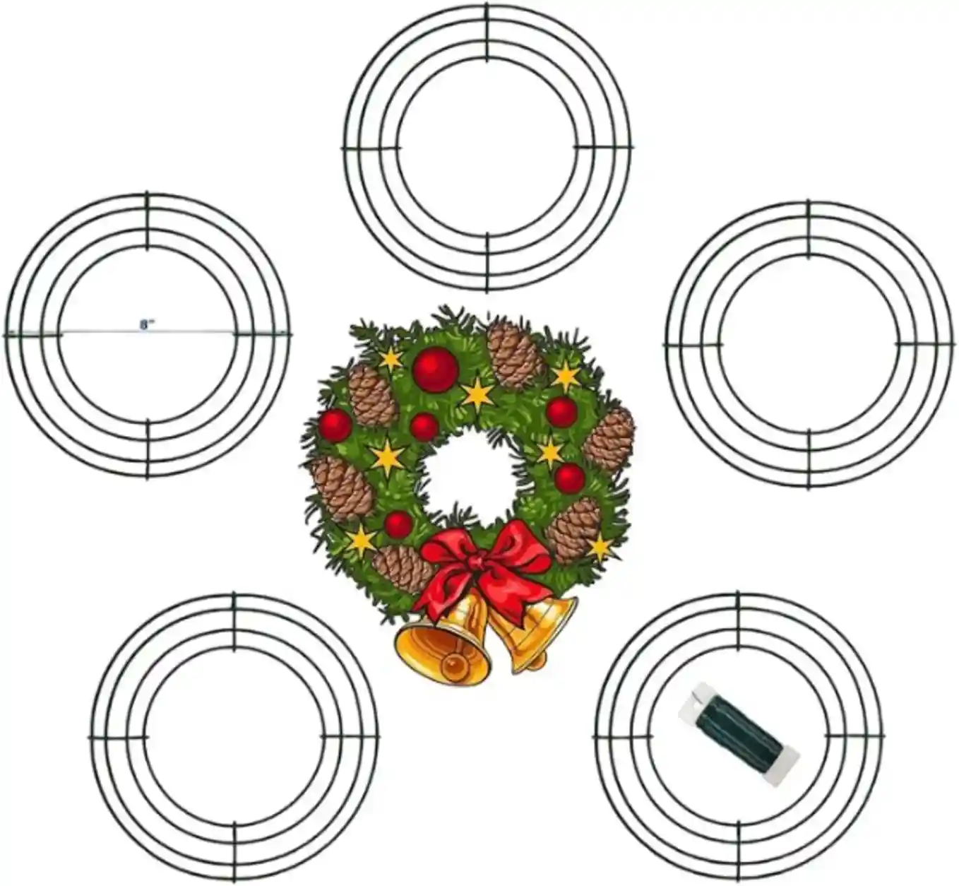 8 Inch Christmas Green Wire Wreath Frame 5 Pack Metal Round Iron Ring