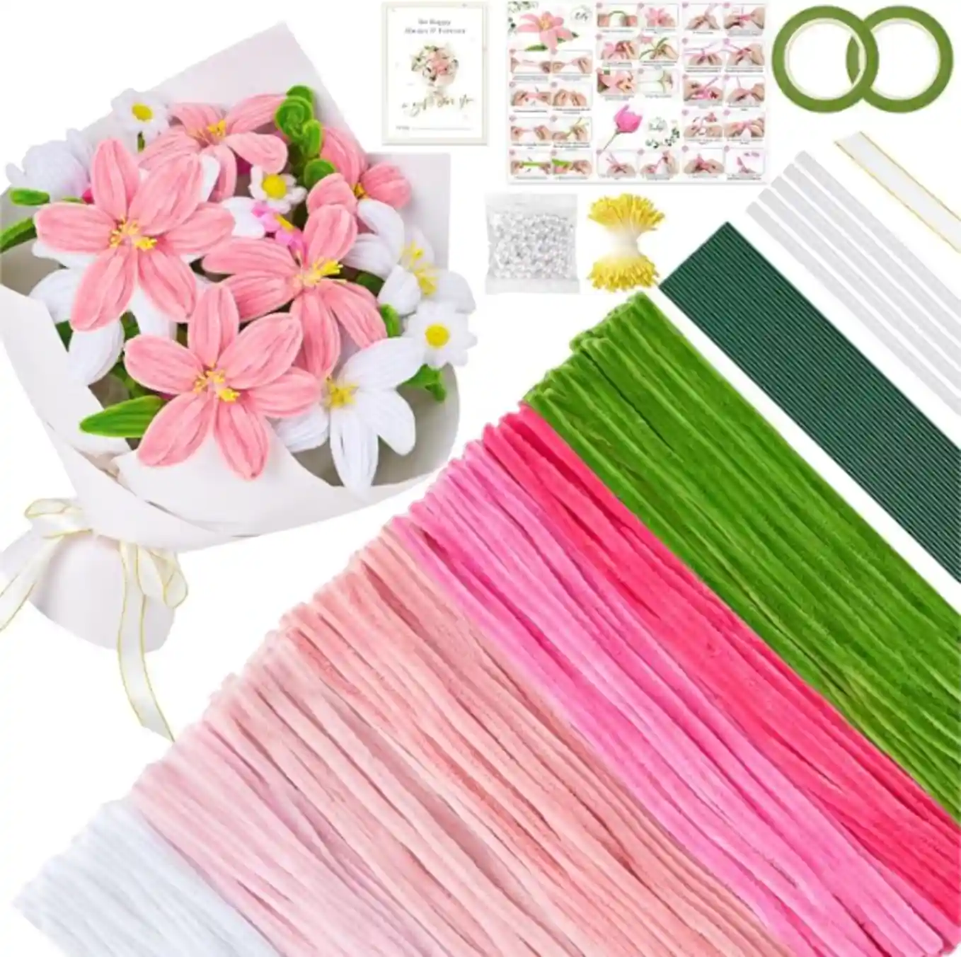 Meolvic Pink Pipe Cleaner Flower Kit 550Pcs Complete DIY Craft Set