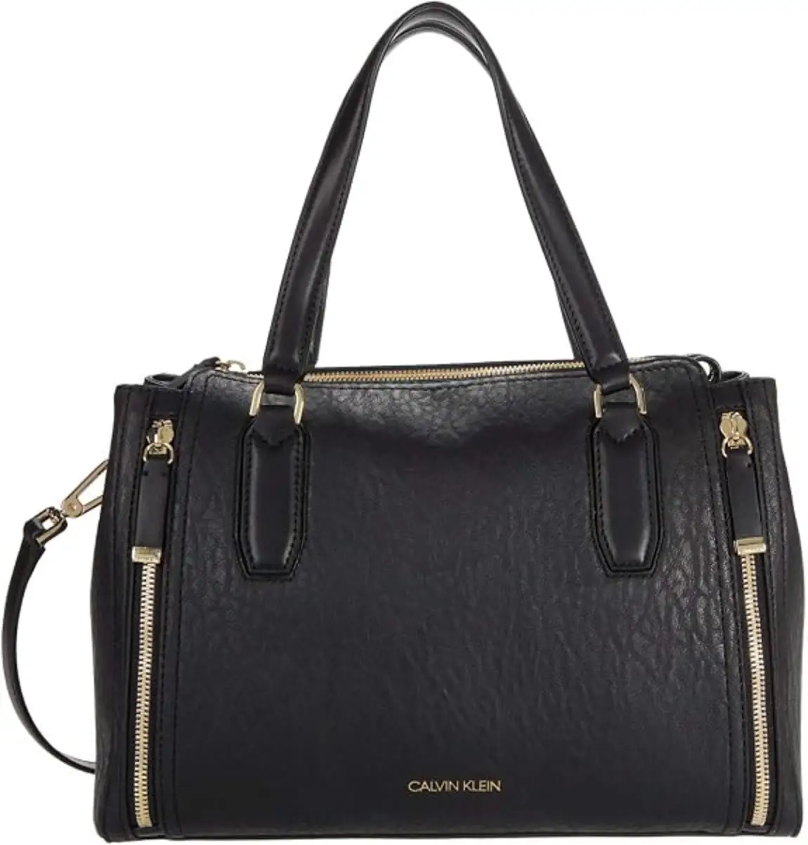 Calvin Klein Women's Bubble Lamb Organization Satchel Handbag Vegan Leather with Adjustable Crossbody Strap Black Gold