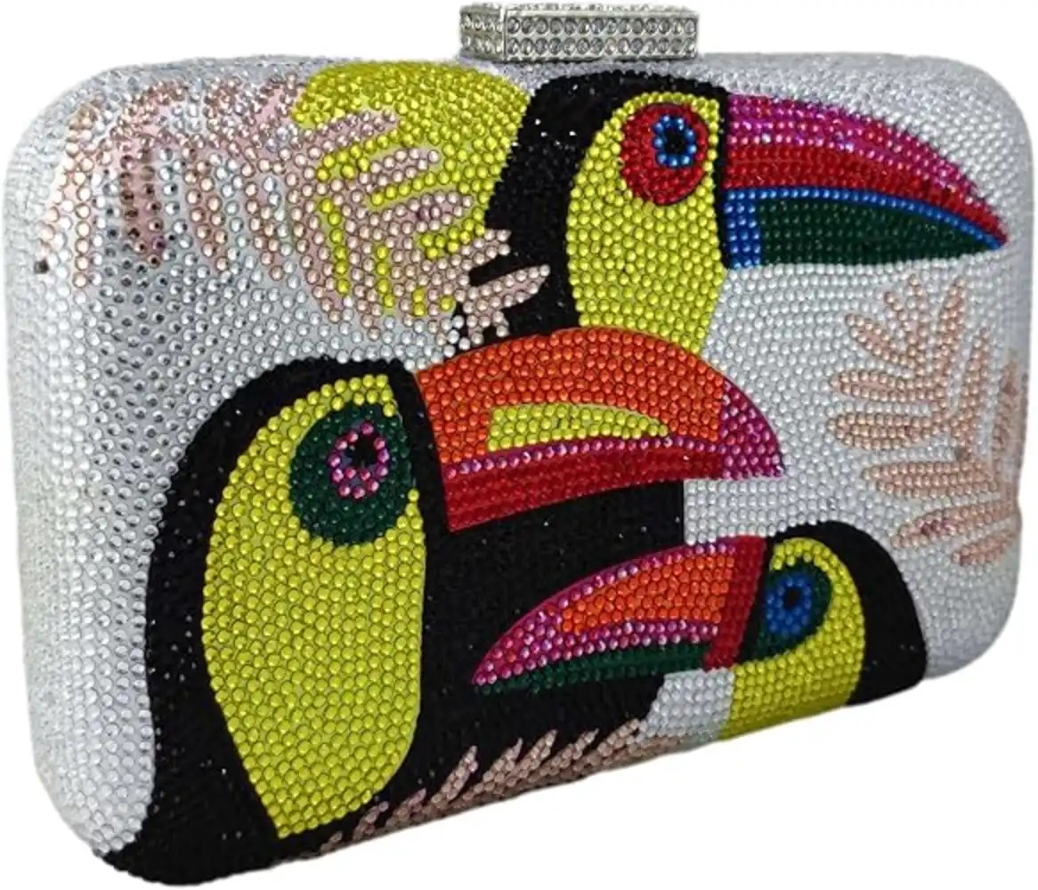 Boutique De FGG Mini Toucan Bird Crystal Clutch Purse for Women Evening Minaudiere Handbag Party Rhinestone Bag Silver