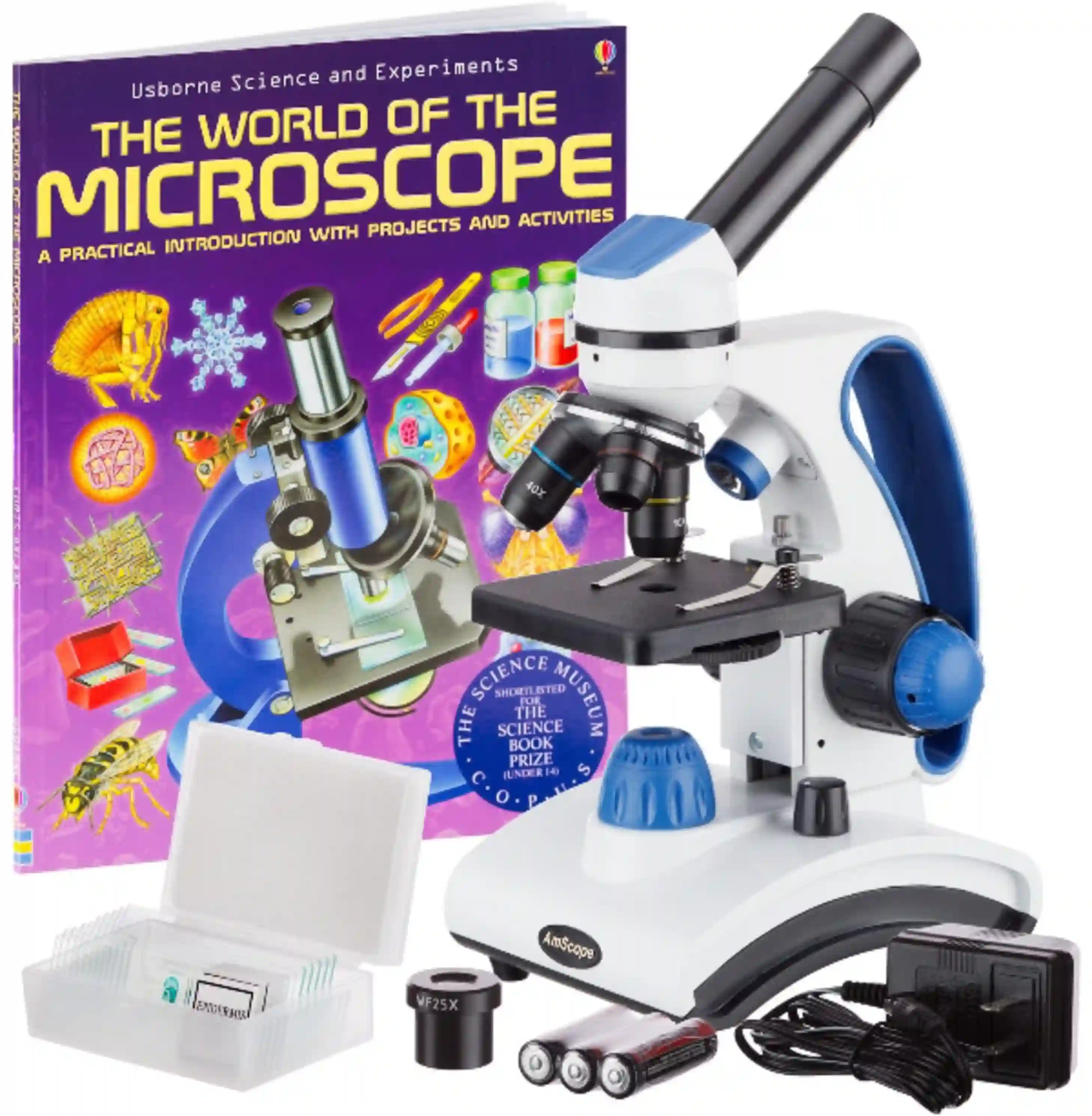 AmScope M162C-2L-PB10-WM 1000X All-Metal Award-Winning Kids Microscope Kit with Slides and Book