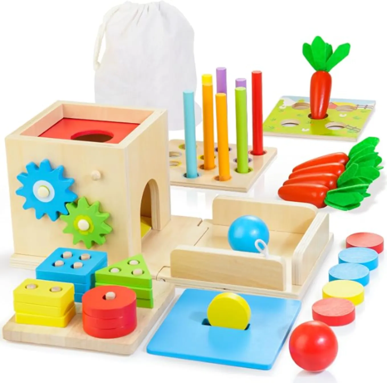 Kizfarm 8-in-1 Wooden Educational Play Kit, Montessori Toys for 1 Year Old