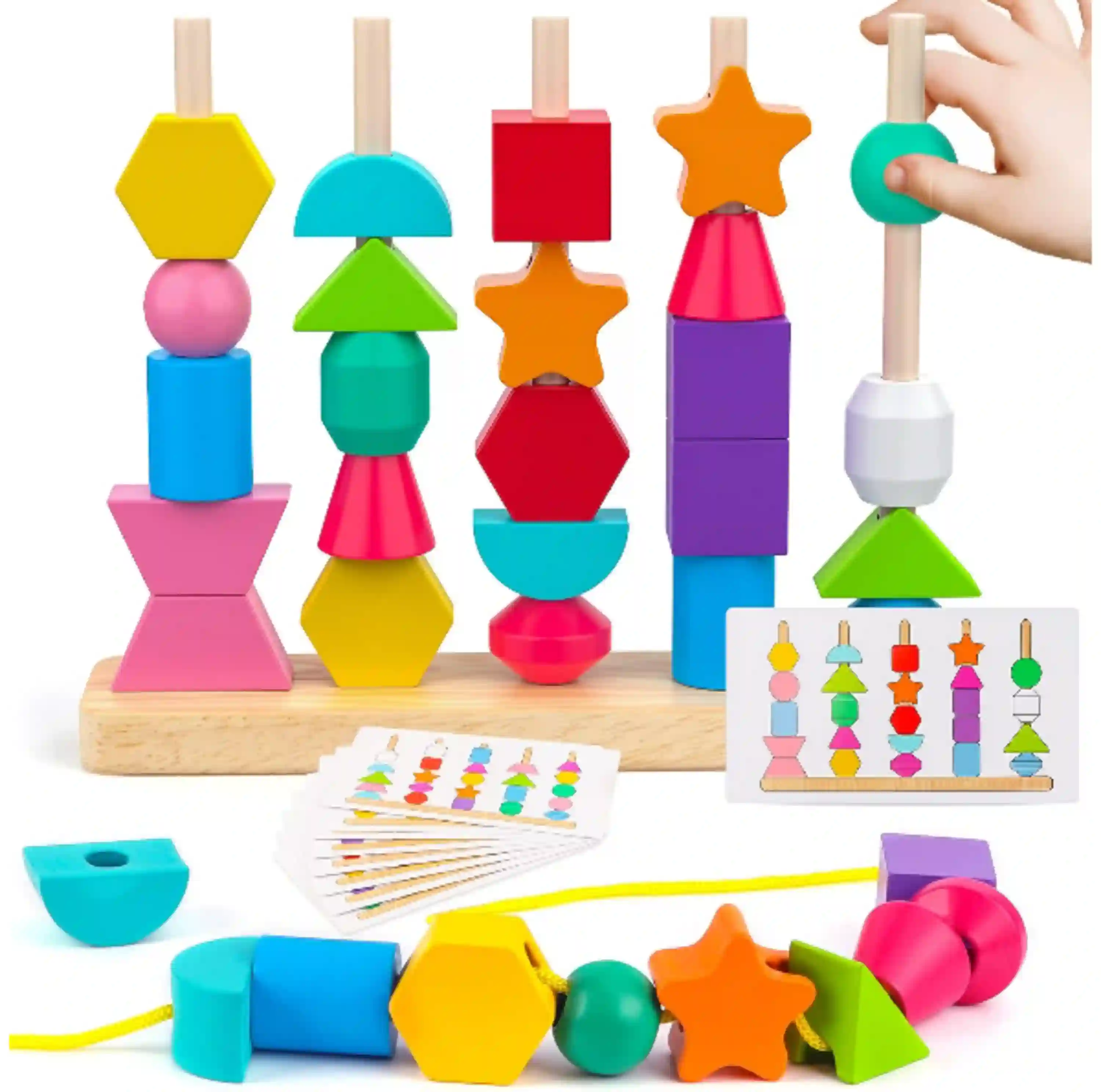 Hieoby Montessori Wooden Beads Sequencing Toy Set Stacking Blocks Lacing Beads