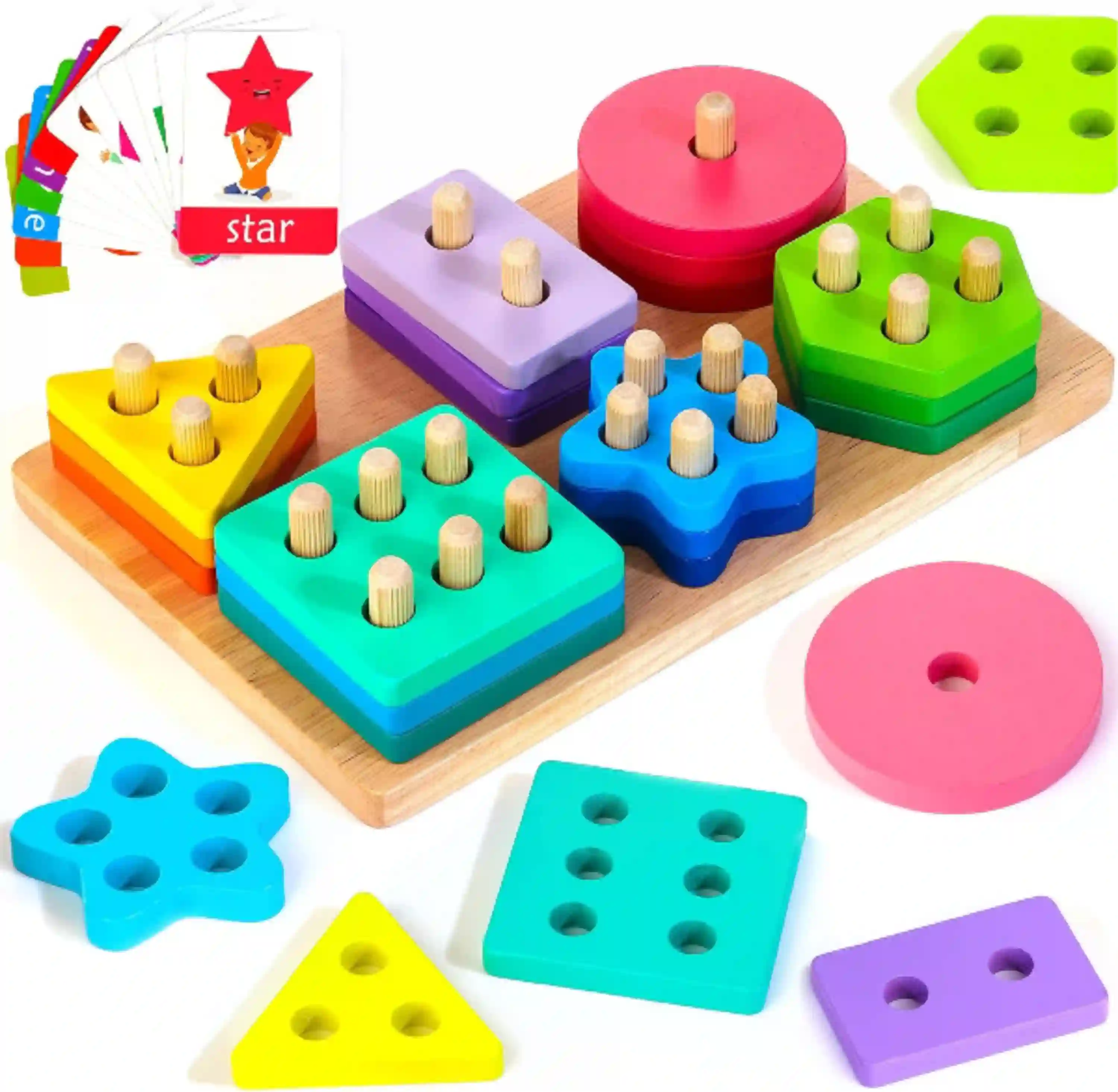HELLOWOOD Montessori Wooden Sorting and Stacking Shape Sorter Puzzle Toy Set